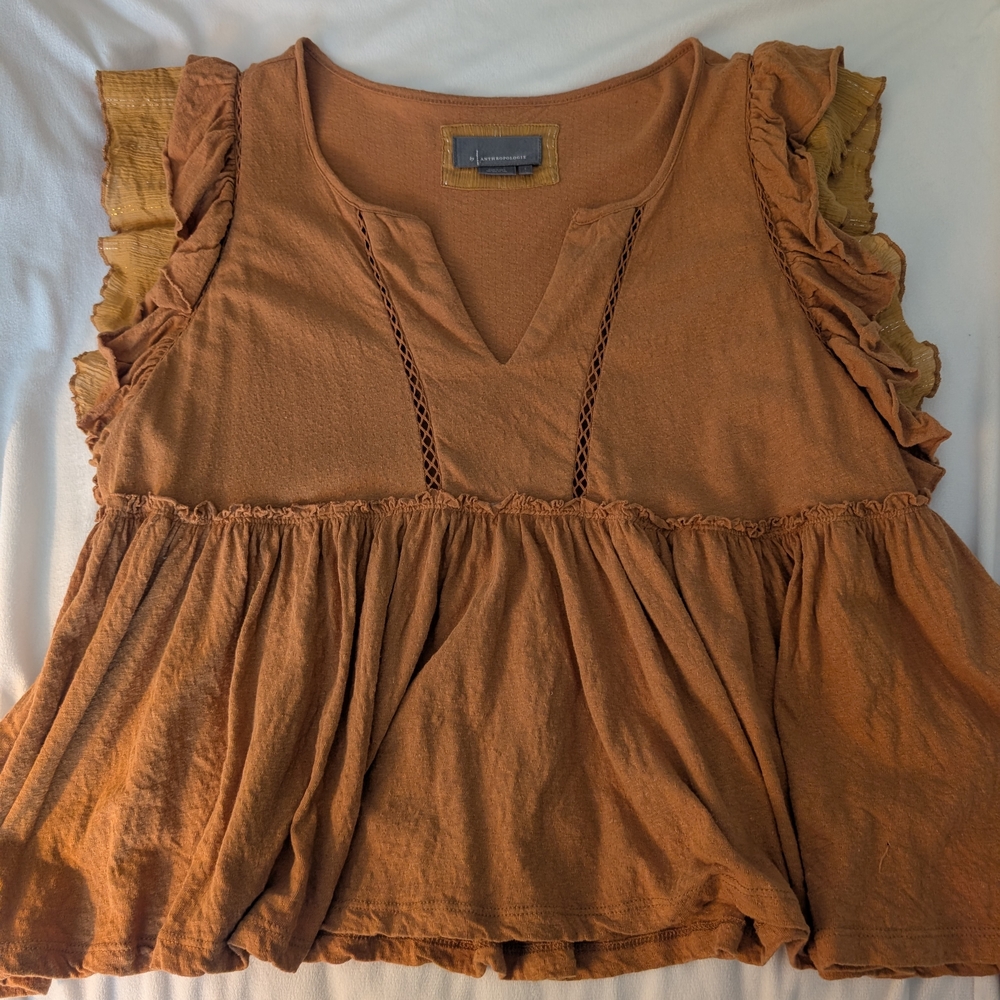 Anthropologie Ruffled Tan/Gold Blouse